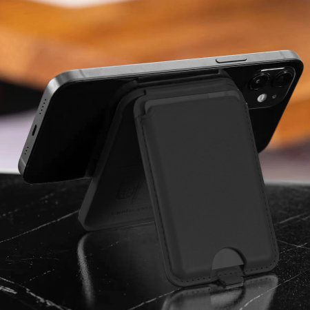 Olixar Black Eco-Leather MagSafe Card Holder & Phone Stand