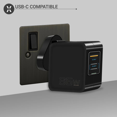 Olixar 65W GaN USB-A & Dual USB-C Super Fast PD Mains Charger With Braided USB-C Cable - For Samsung Galaxy S24 Plus