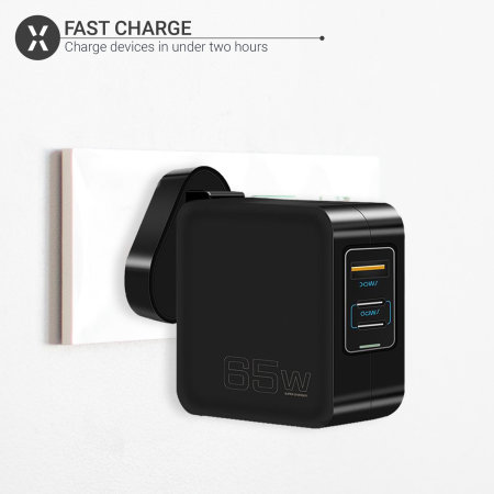 Olixar 65W GaN USB-A & Dual USB-C Super Fast PD Mains Charger with Braided USB-C Cable - For OnePlus 12