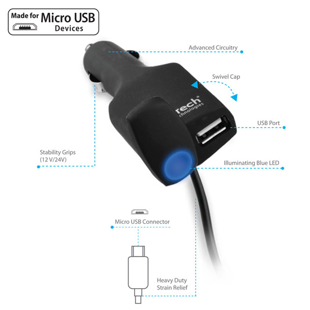 Naztech Stealth 1000mA Micro USB Rapid Car Charger with Extra USB Port