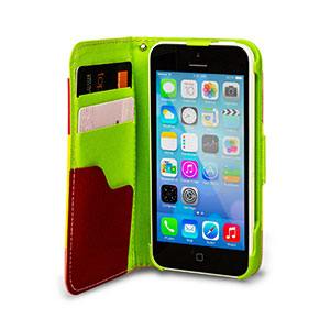 iPhone 5C Leather Style Stripe Wallet Stand Case - Red / Pink / Yellow