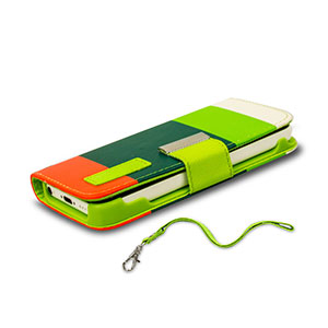 iPhone 5C Leather Style Stripe Wallet Stand Case - Green / Orange