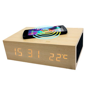 Qi-Tone Alarm Clock Bluetooth Speaker - Light Wood