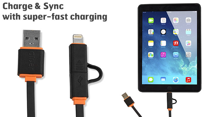 Olixar Micro USB / Lightning Dual Tip Flat Sync & Charge Cable - Black