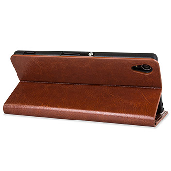 Olixar Leather-Style Sony Xperia Z3+ Wallet Stand Case - Light Brown