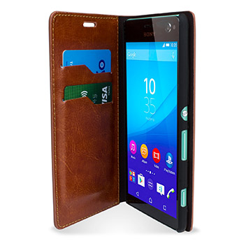Olixar Leather-Style Sony Xperia C4 Wallet Stand Case - Light Brown