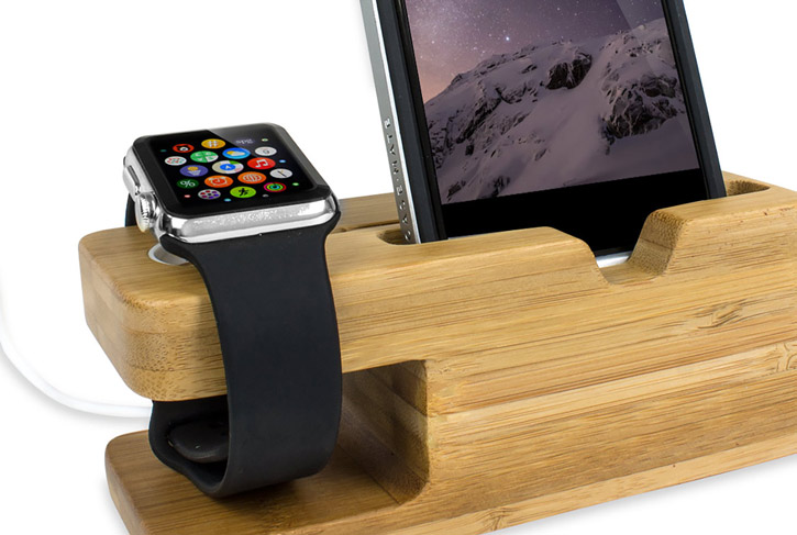 Olixar Charging Apple Watch Bamboo Stand with iPhone Dock