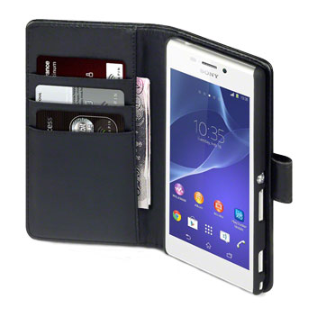 Olixar Premium Genuine Leather Sony Xperia M2 Wallet Case - Black