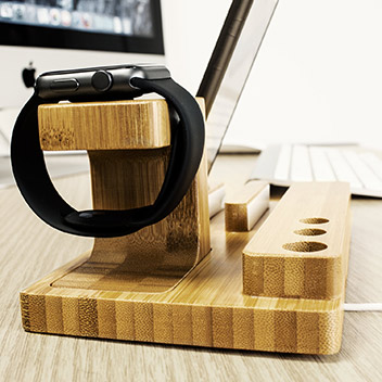 Olixar Charging Apple Watch Wooden Desk Stand with iPhone Dock