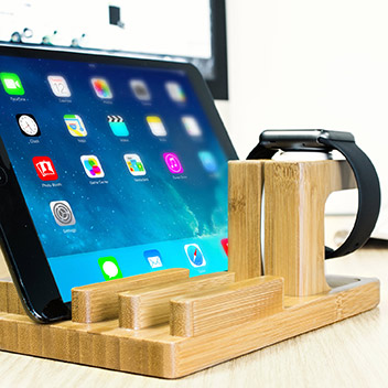 Olixar Charging Apple Watch Wooden Desk Stand with iPhone & iPad Dock