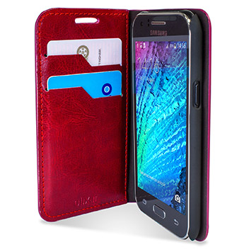 Coque Portefeuille Samsung Galaxy J1 2015 Olixar Simili Cuir - Rouge