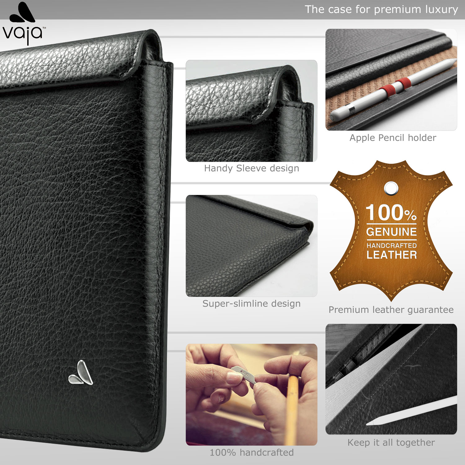 Vaja Genuine Handcrafted Leather iPad Pro Sleeve Case - Black