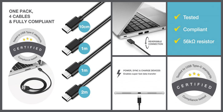 Olixar Multi-length USB-C Laddningskablar med USB 3.0 - Fyrapack