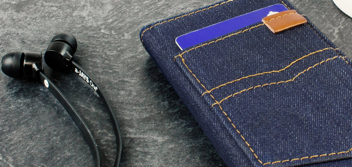 Olixar Denim Fabric iPhone SE Wallet Stand Case - Dark Blue Jeans