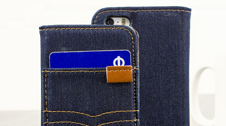 Olixar Denim Fabric iPhone SE Wallet Stand Case - Dark Blue Jeans