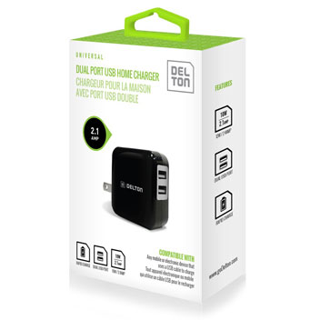 Delton High Speed 2.1A Dual USB US Wall Charger - Black
