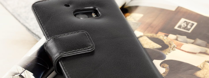 Housse HTC 10 Olixar Portefeuille Cuir Véritable - Noire vue sur appareil photo