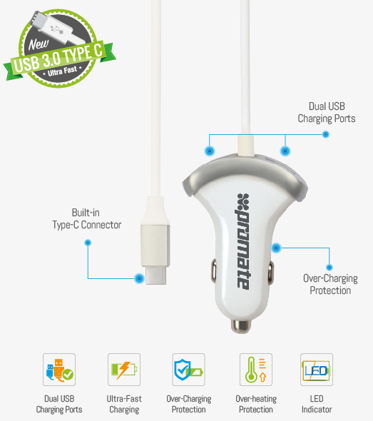 Promate Booster-C USB-C and Dual USB Car Charger - Silver