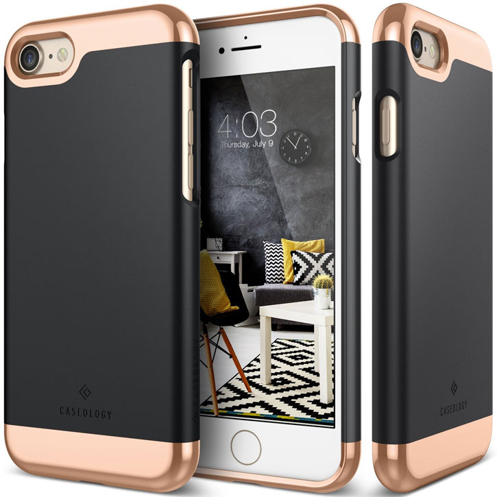 Coque iPhone 8 / 7 Caseology Savoy Series Slider - Noire vue sur appareil photo
