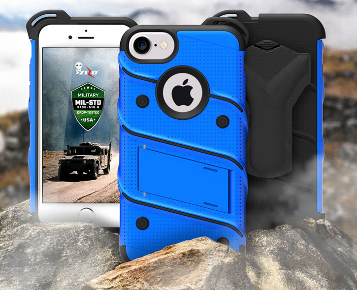 Coque iPhone 8 / 7 Zizo Bolt + Clip Ceinture - Bleue / noire vue sur appareil photo