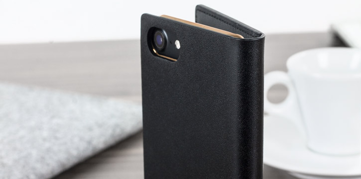 Housse iPhone 7 SLG D5 Portefeuille en cuir véritable – Noire vue sur appareil photo