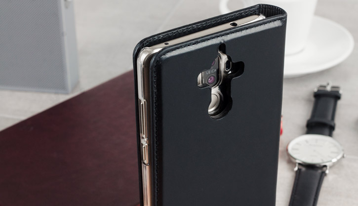 Housse Huawei Mate 9 Olixar Portefeuille en Cuir Véritable - Noire vue sur appareil photo