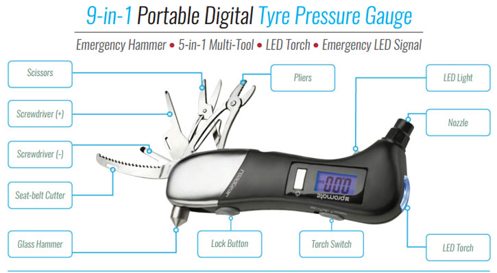 Promate roadGear 9-in-1 Portable Digital Tyre Pressure Gauge