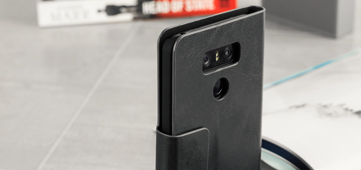 Housse LG G6 Olixar Portefeuille Simili cuir avec support – Noire vue sur appareil photo