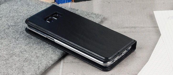 Housse Samsung Galaxy S8 Olixar Portefeuille en cuir véritable – Noire vue sur touches