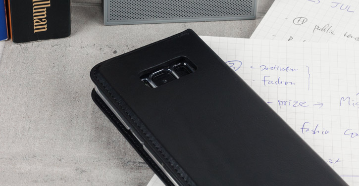 Housse Samsung Galaxy S8 Olixar Portefeuille en cuir véritable – Noire vue sur appareil photo
