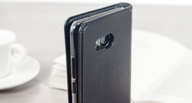 Housse HTC U11 Olixar Portefeuille en cuir véritable – Noire vue sur appareil photo