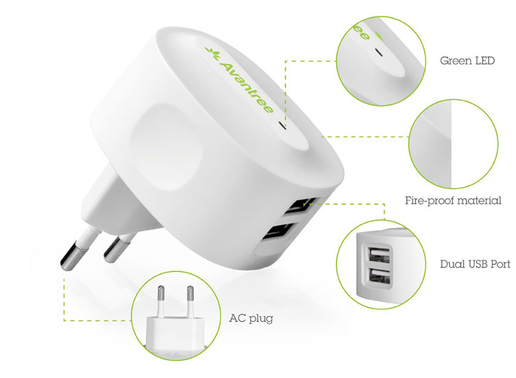 Avantree 2.1A Dual USB EU Mains Charger