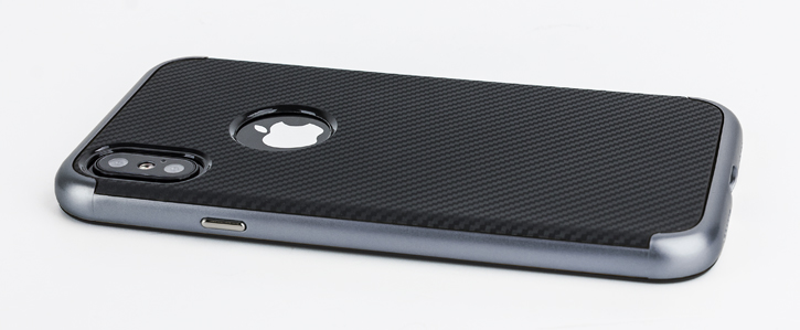 Coque iPhone X Olixar X-Duo – Fibres de carbone Gris Métallique vue sur touches