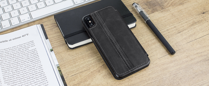 Housse iPhone X Olixar Slim Portefeuille Cuir Véritable - Noire vue sur appareil photo