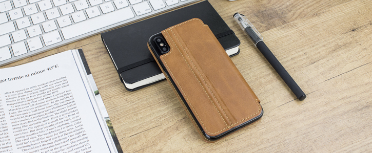 Olixar Slim Genuine Leather Flip iPhone X Wallet Case - Tan