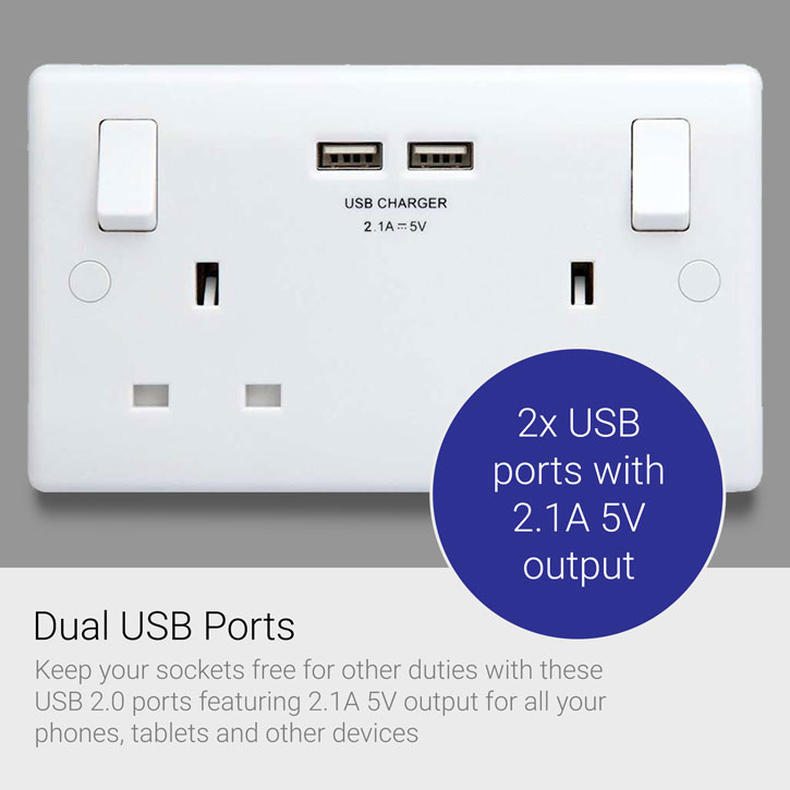 2 Port USB Double UK Plug Socket with Phone Shelf Twin Pack