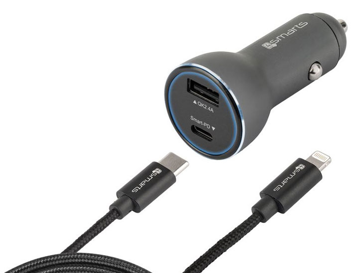 Chargeur Voiture USB-C et USB-A 4smarts Fast Charging Lightning
