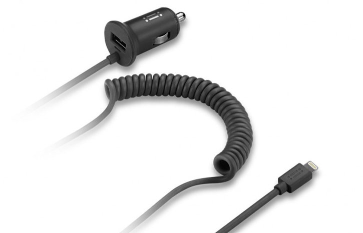 Aiino 2.4A Car Charger w/ built-in 1.2m Coiled Lightning Cable - Black