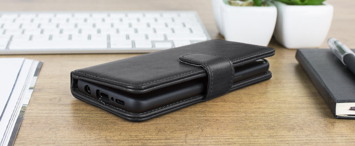 Housse Samsung Galaxy S9 Olixar Portefeuille en cuir véritable – Noire vue sur port