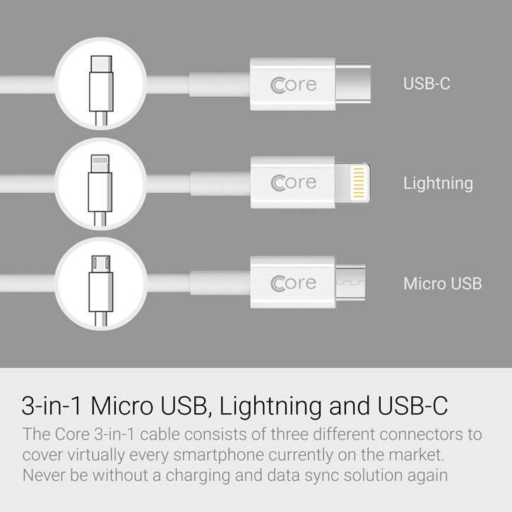 Core 3-In-1 Lightning / Micro USB / USB-C Charge and Sync 1m Cable