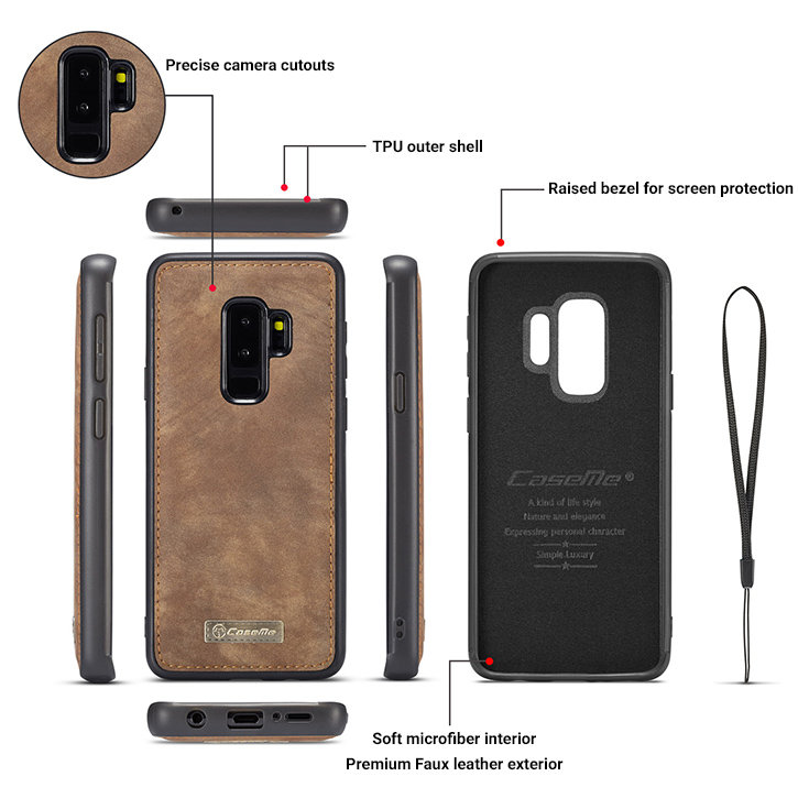 Luxury Samsung Galaxy S9 Plus Leather-Style 3-in-1 Wallet Case - Tan