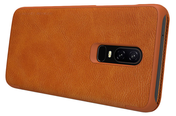 Nilkin Qin Series Genuine Leather OnePlus 6 Wallet Case - Tan