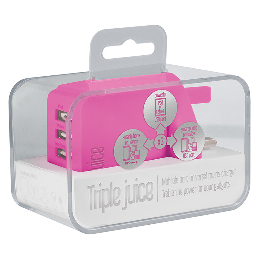 Juice 3.4A Triple USB Universal Mains Charger - Pink