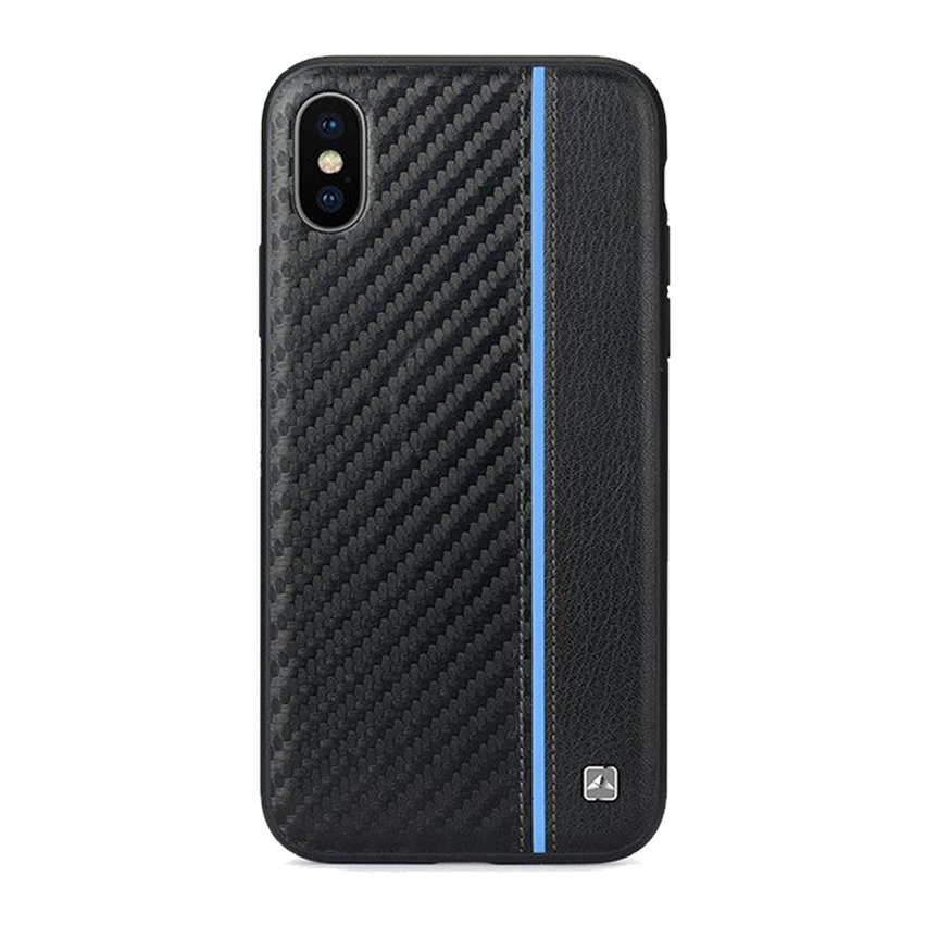 Coque iPhone XS Max Meleovo Carbon Premium en cuir – Noir / bleu