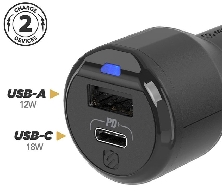 Chargeur voiture iPhone 11 Pro Max Scosche PowerVolt USB-A & USB-C