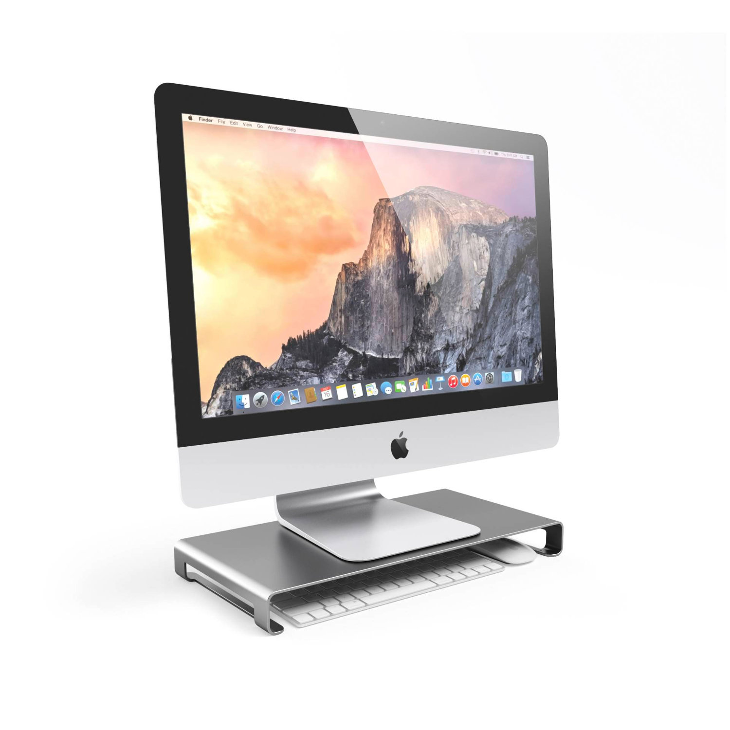 Satechi Aluminium monitor stand shown with iMac with keyboard tucked under