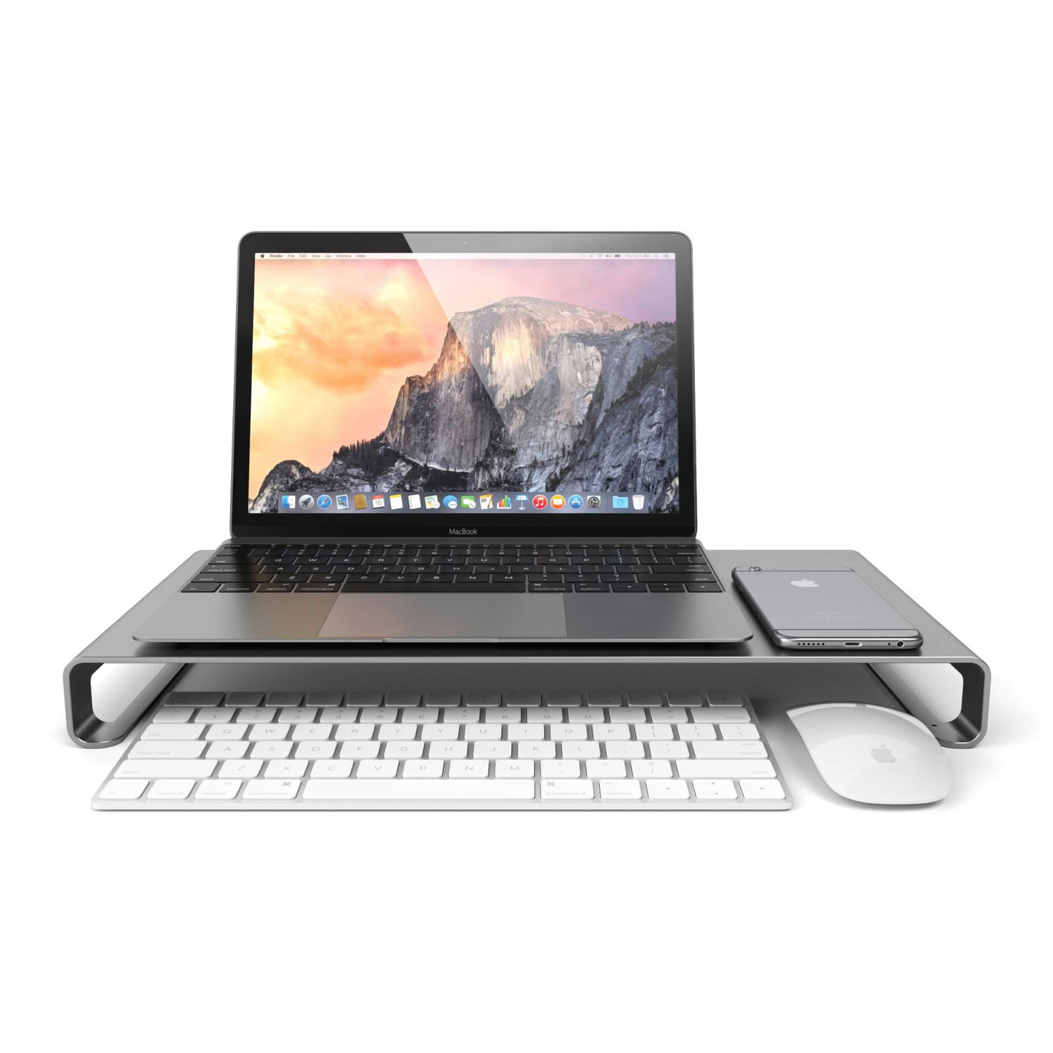 Satechi Aluminium monitor stand shown with MacBook and iPhone
