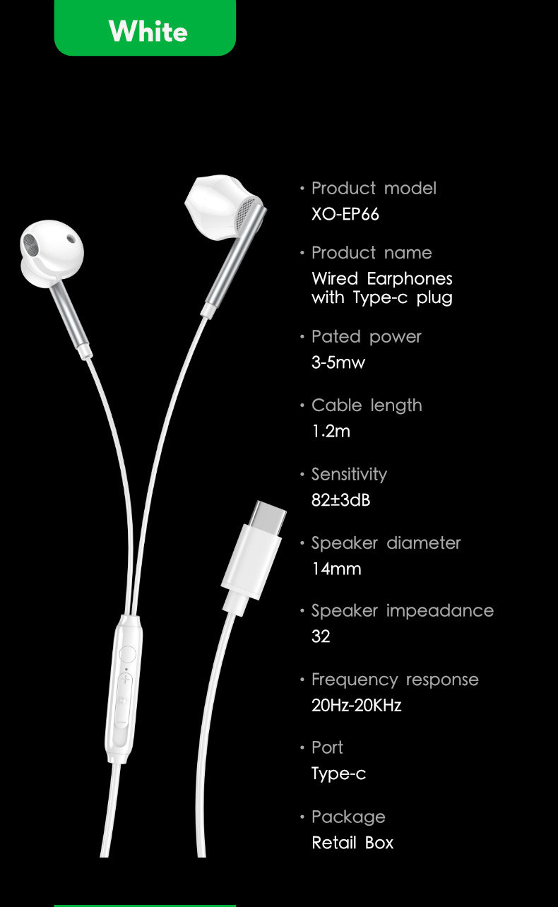 XO USB-C Wired Earphones with Microphone - White