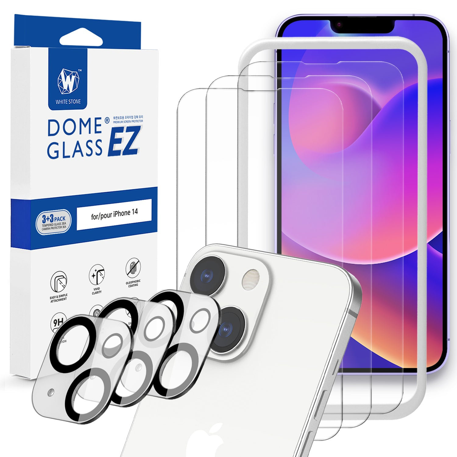 Whitestone Dome EZ Glass Screen and Camera Protector Triple Pack - For iPhone 14